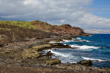dormant volcano Montana de la Mar on the coast of Atlantic ocean 
Malpais de Guimar (Badlands of Guimar), Tenerife. Canary Islands, Spain