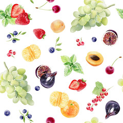 hand painted watercolor seamless pattern with fruits and berries