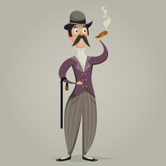 Gentleman with cigar and stick. Funny cartoon character. Vector illustration in retro style