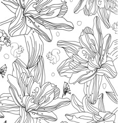  linear monochrome abstract background with tsvetami and branches and squirrels and birds on a white background, can be used for printing onto fabric and colouring page