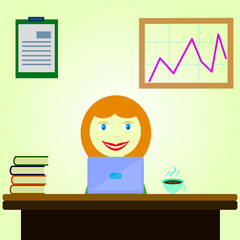 girl sitting behind a desk, working on laptop, books on the table, a cup of coffee on the wall chart and paper for records