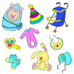 Set for newborn boy. Baby, stroller, rattle, cap, socks, toddlers, toy, pyramid