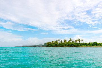 Panoramic view of No Mans Land beach in Tobago West Indies tropical island 