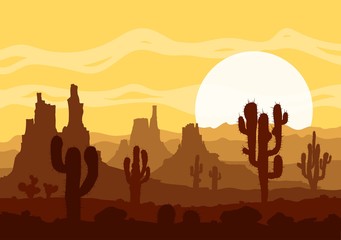 Sunset in stone desert  with cactuses and mountains.