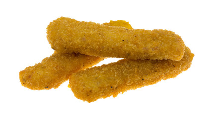 Three chicken fingers on a white background