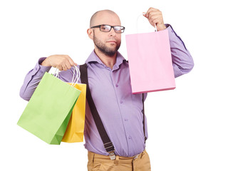 man  with colorful shopping paper bags