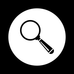 Black and white magnifier icon on white background