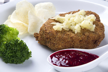 country fried steak with potato and sweet cream