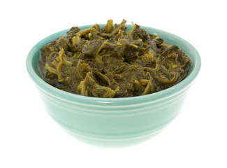 Canned spinach in a bowl on a white background
