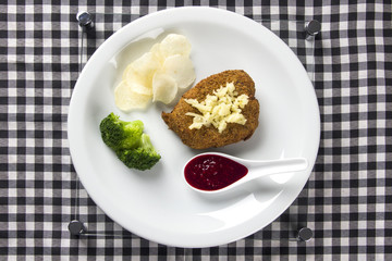 country fried steak with potato and sweet cream