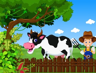 cow and farmer cartoon with landscape background