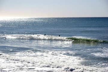 Surfen in Oceanside / Die Silhouetten von Surfern auf dem Wasser im Gegenlicht.