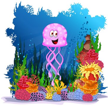  jellyfish cartoon with corals background