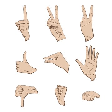 Hands in different interpretations. Vector illustration. Isolated on white background.