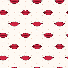 Vector seamless pattern with red lips on beige background with polka dot