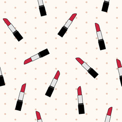 Obraz premium Vector seamless pattern with red lipsticks on beige background with polka dot 