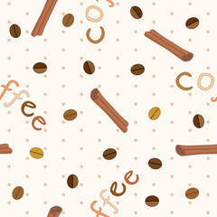 Vector seamless pattern with coffee beans, cinnamon sticks and word coffee on beige background with polka dot