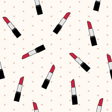 Vector seamless pattern with red lipsticks on beige background with polka dot
