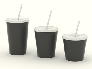 Several different paper cup set with black blank for design. Isolated on background. High resolution 3d illustration