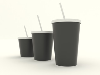 Several different paper cup set with black blank for design. Isolated on background. High resolution 3d illustration