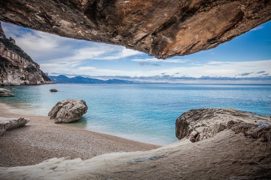 Elevated view of coastline and rocky beach, Ogliastra, Sardinia, Italy