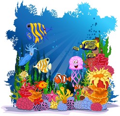 Fototapeta na wymiar clown fish cartoon with coral background