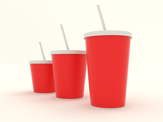 Several different paper cup set with red blank for design. Isolated on background. High resolution 3d illustration