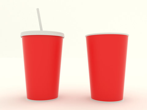 Several different paper cup set with red blank for design. Isolated on background. High resolution 3d illustration