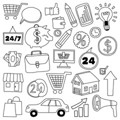 Vector set of doodle business icons on white paper