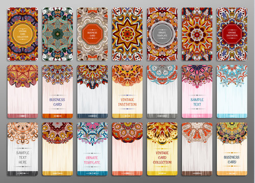 Vector vintage visiting card set. Floral mandala pattern and ornaments. Oriental design Layout. Islam, Arabic, Indian, ottoman motifs. Front page and back page.