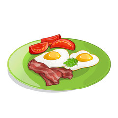 Bacon, tomato and fried eggs on the plate. Vector illustration