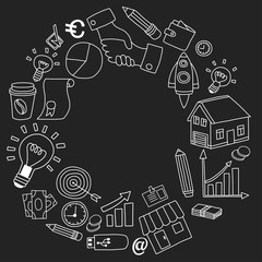 Vector set of doodle business icons on blackboard
