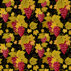 Seamless pattern with branches, leaves and berries of grapes on a black background. Vector.