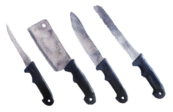 watercolor sketch: a set of knives on a white background