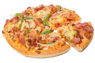 Pizza with sliced vegetables isolated on white