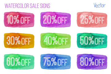 Sale signs on watercolor background