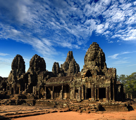 faces, heads of ancient Bayon Temple At Angkor Wat, Siem Reap, Cambodia 