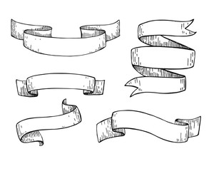 Set of  hand drawn vector scrolled ribbons. Old styled engraved