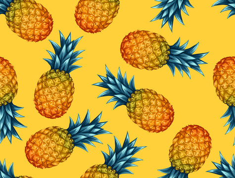 Seamless pattern with pineapples. Tropical abstract background in retro style. Easy to use for backdrop, textile, wrapping paper, wall posters