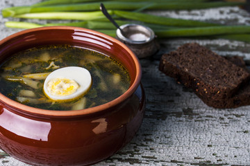 Nettle soup with eggs in the bowl