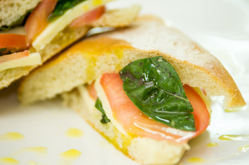 Obraz premium Delicious cheese, albahaca basil and tomato ciabatta sandwich on white plate