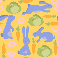 Rabbits with carrots, cabbage and flowers. Seamless vector pattern. Animal background cute cartoon bunnies.