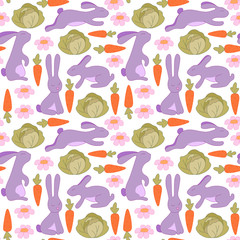 Seamless pattern with bunnies, flowers, carrots and cabbage. Rabbit background for kids.