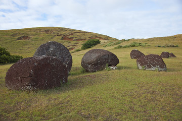 Vaka Kipo. Small volcanic cone of red rock used as the source of hats for some of ancient Moai statues on Easter Island.