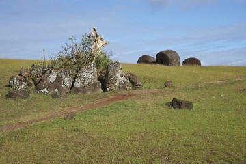 Vaka Kipo. Small volcanic cone of red rock used as the source of hats for some of ancient Moai statues on Easter Island.