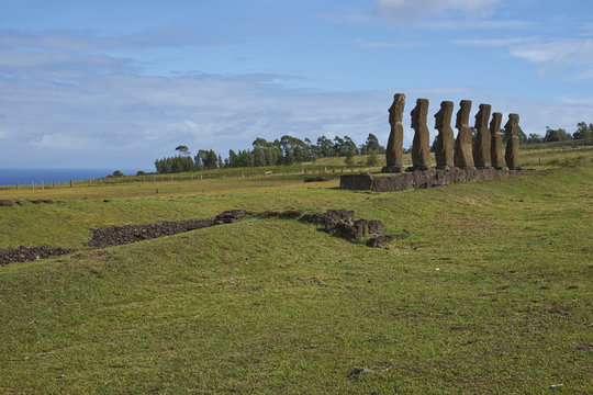 Ahu Kivi. Ancient Moai statues set amongst green fields and facing the sea on Rapa Nui (Easter Island)