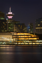 Twilight Towers, Vancouver. Downtown Vancouver and the convention center at twilight. Vancouver, British Columbia, Canada.
