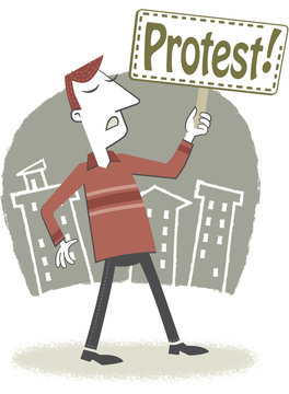 I protest. Retro style illustration of a man holding a placard. On the placard is written the word protest.