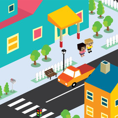 isometric couple residential view cartoon theme