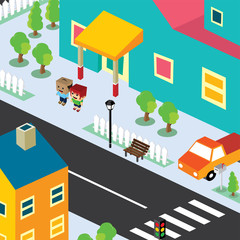isometric couple residential view cartoon theme